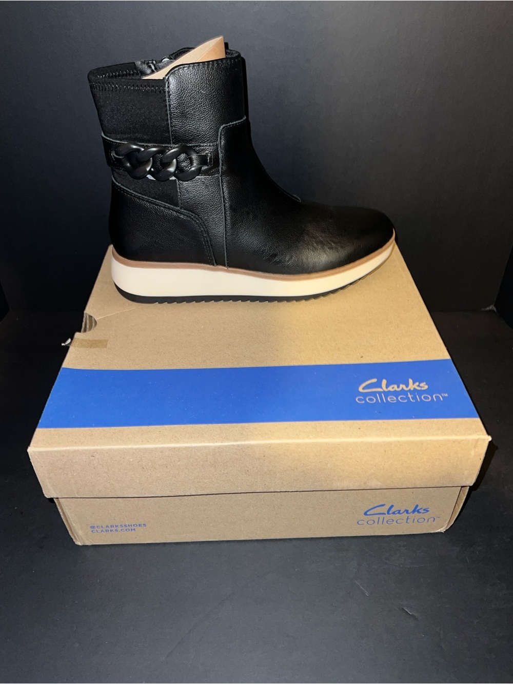 Clarks Black Leather Ankle Boot with Chain Accent